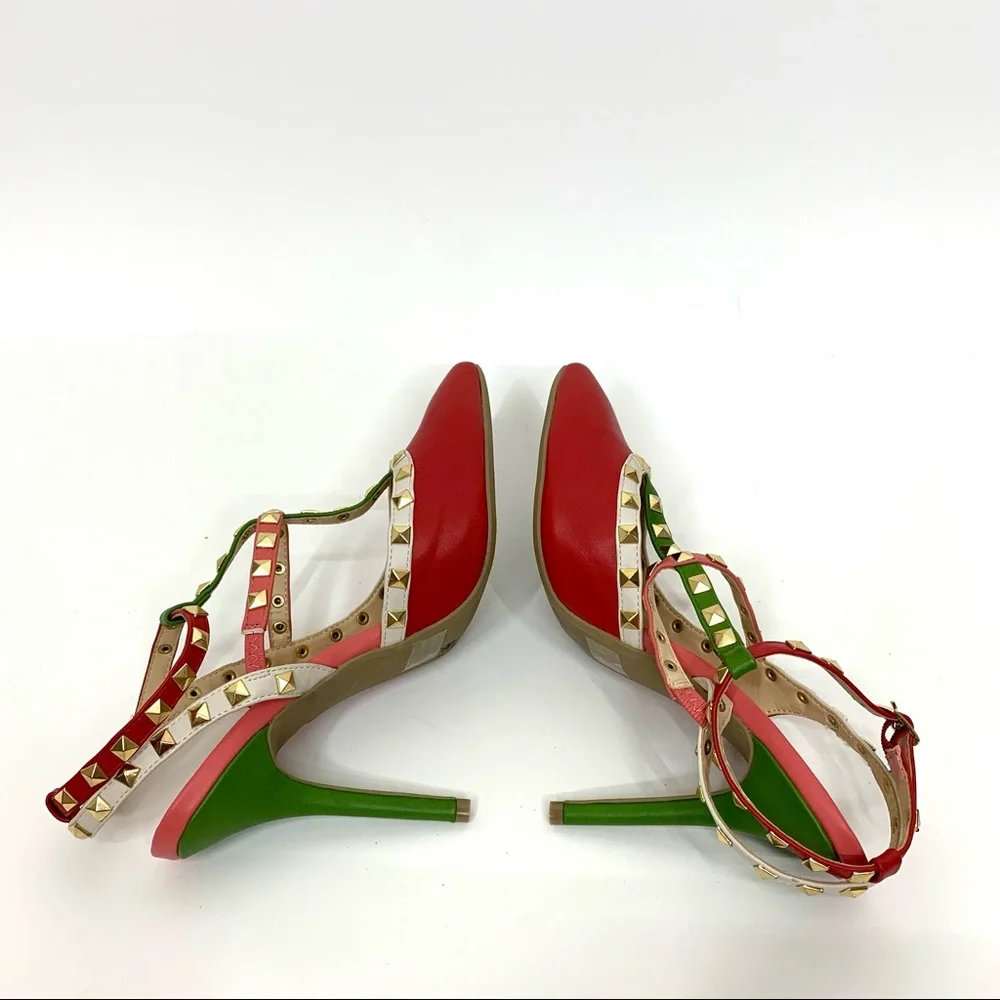 Wild Diva Lounge Red Pink Green White Colorblock Gold Studded T-Strap High Heels